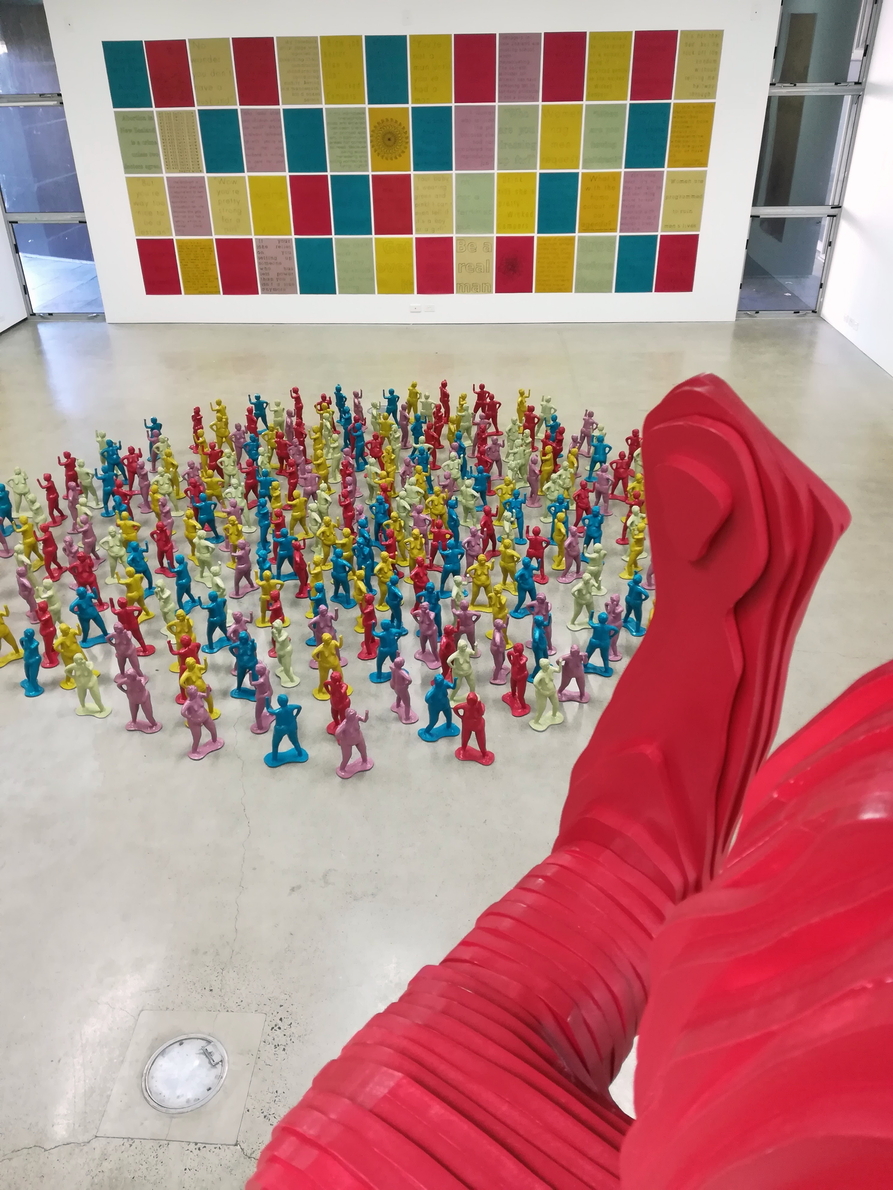 Photo taken from above the 3m tall Bertha, showing the 30cm high ceramic Bertha figures